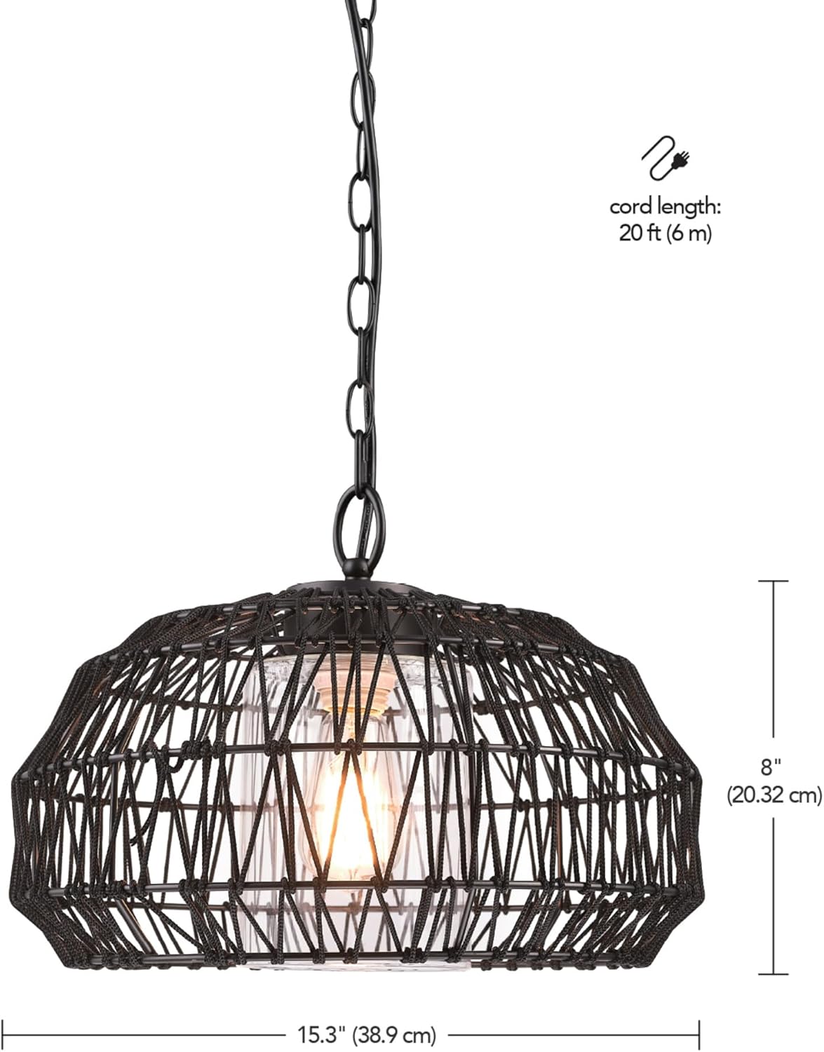 1-Light Outdoor/Indoor Plug-in Pendant Light, Black Woven Fabric Shade, Matte Black Finish, 20-Foot Designer Cord