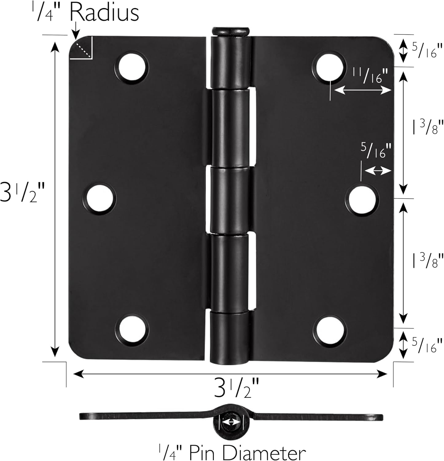 10-Pack 3.5-Inch x 3.5-Inch Interior Door Hinges with 1/4-Inch Radius, Matte Black, Heavy Duty Steel Construction