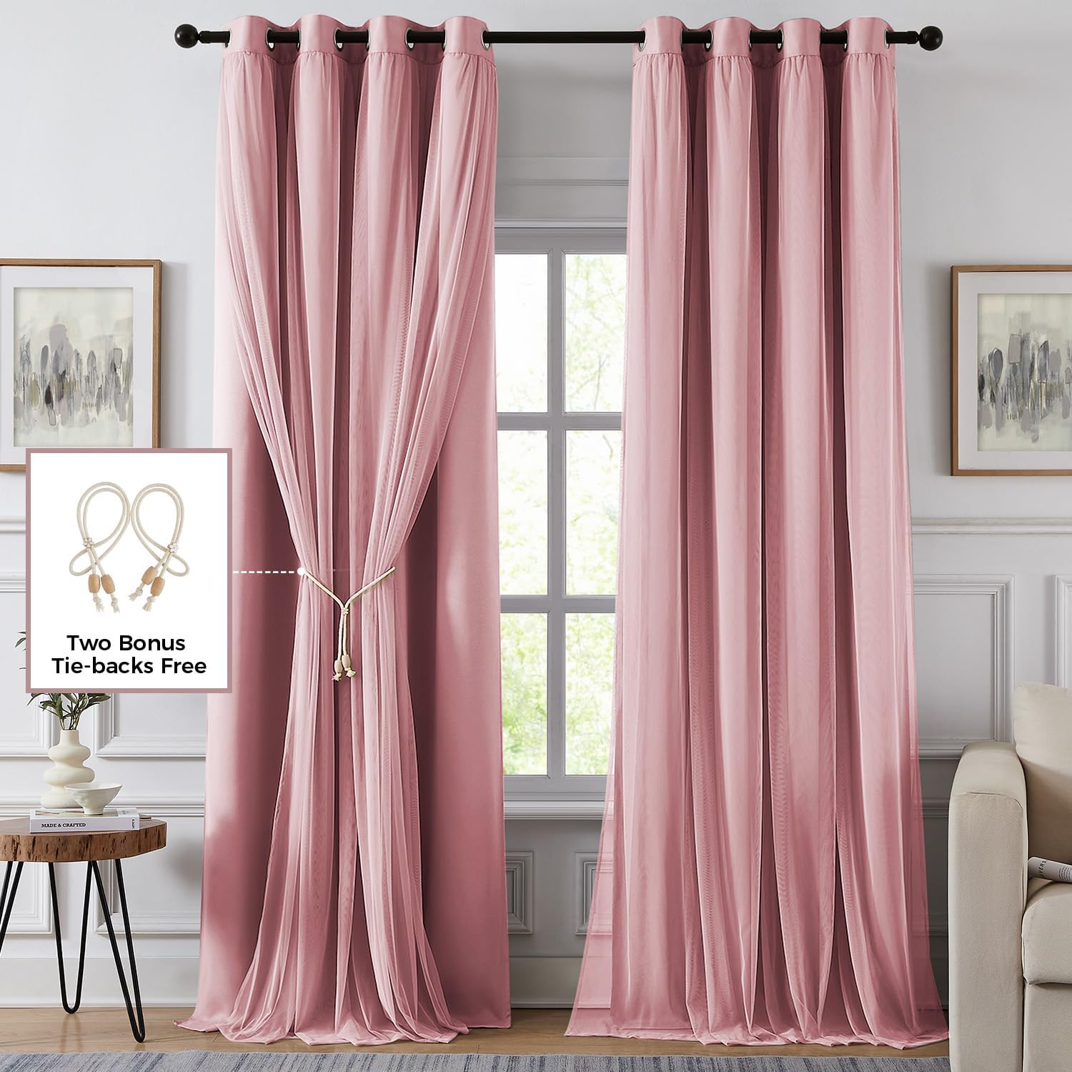 100% Blackout Curtains, Double Layer Pink Curtains, Black Out Curtain with Sheer Overlay, Room Darkening