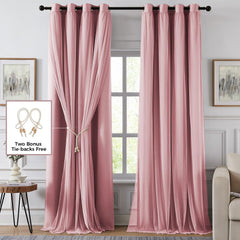 100% Blackout Curtains, Double Layer Pink Curtains, Black Out Curtain with Sheer Overlay, Room Darkening