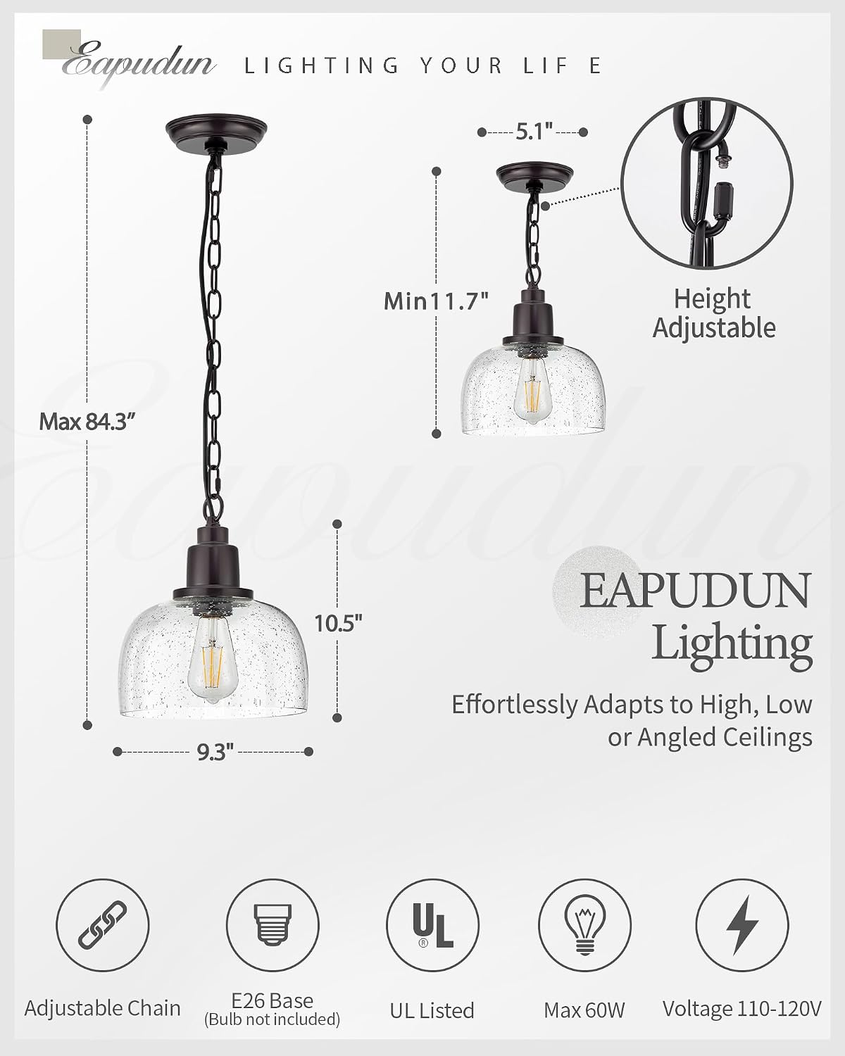 1-Pack Farmhouse Pendant Light, 1-Light Industrial Hanging Light Fixture with 9.3" Round Seeded Glass Shade, Dark