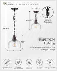1-Pack Farmhouse Pendant Light, 1-Light Industrial Hanging Light Fixture with 9.3" Round Seeded Glass Shade, Dark