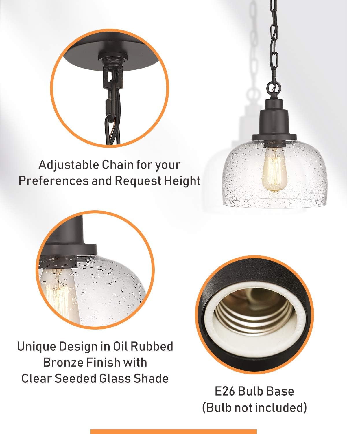 1-Pack Farmhouse Pendant Light, 1-Light Industrial Hanging Light Fixture with 9.3" Round Seeded Glass Shade, Dark