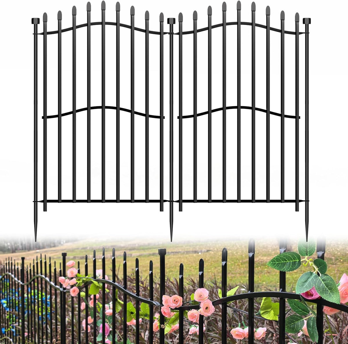 10 Panels Tall No Dig Garden Fence - 40in H x 22.5ft L, Reinforced Square Tube Rustproof Animal Barrier, Decorative