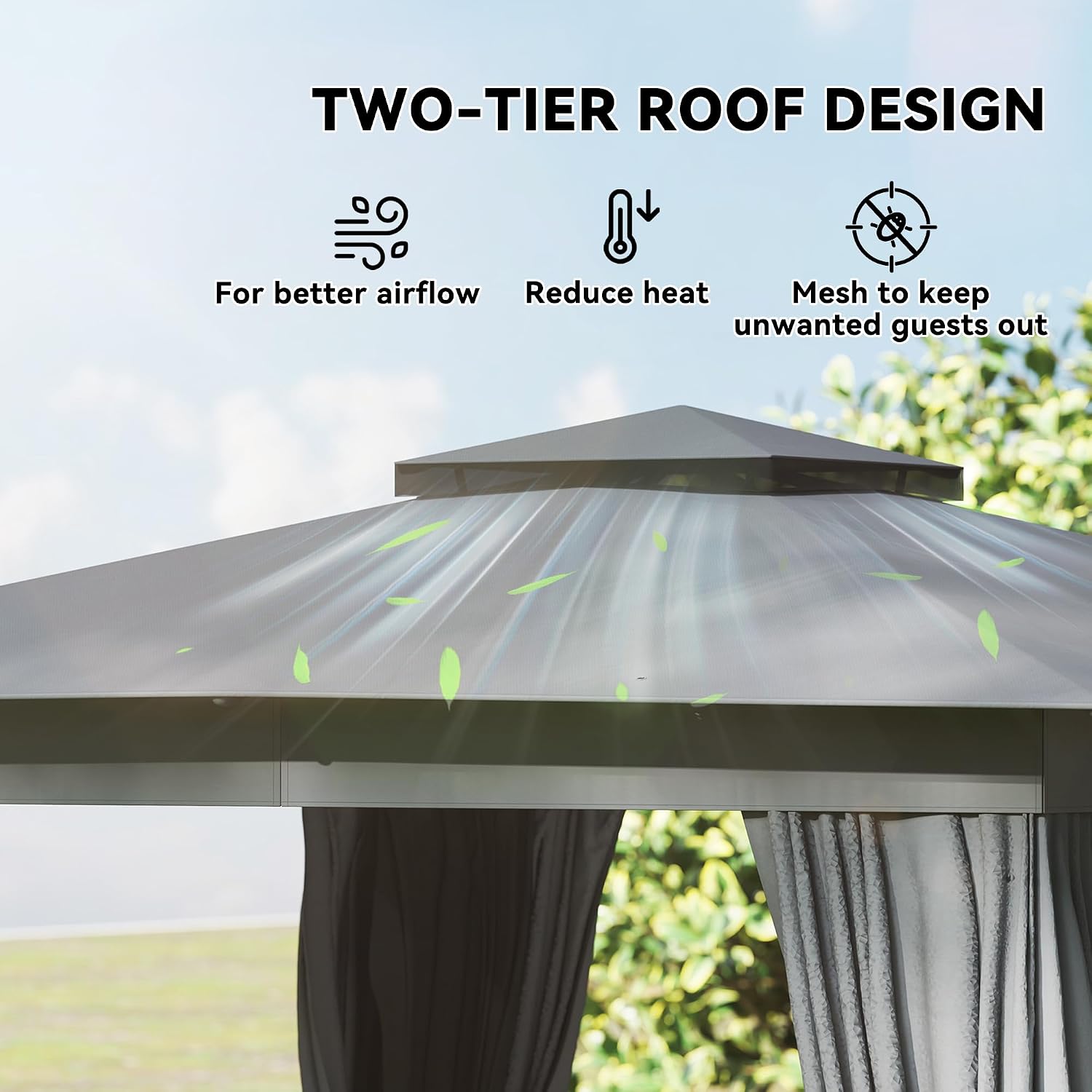 10' x 12' Outdoor Patio Gazebo, Heavy Duty Gazebo Canopy Shelter with Double Roof, Curtains, Netting, Steel Frame