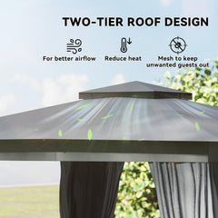 10' x 12' Outdoor Patio Gazebo, Heavy Duty Gazebo Canopy Shelter with Double Roof, Curtains, Netting, Steel Frame