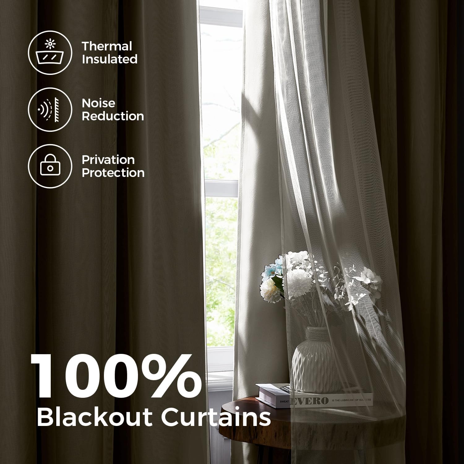 100% Blackout Curtains, Double Layer Ivory Curtains, Black Out Curtain with Sheer Overlay, Room
