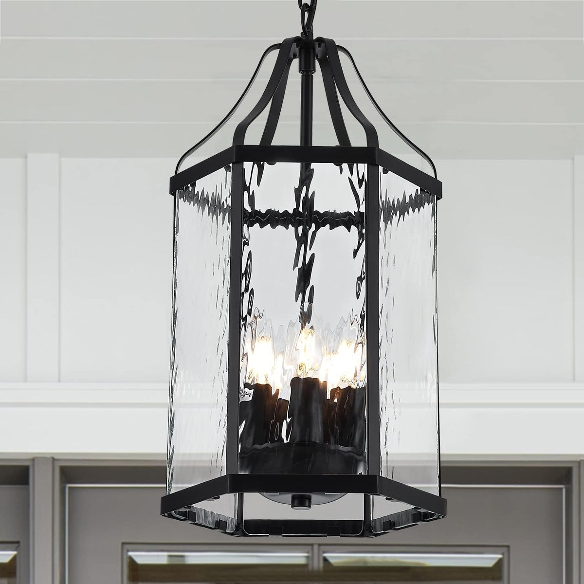 10" Modern 5-Light Exterior Black Lantern Pendant Light Fixture with Clear Rippled Glass Mini Industrial Hanging Cage
