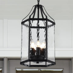 10" Modern 5-Light Exterior Black Lantern Pendant Light Fixture with Clear Rippled Glass Mini Industrial Hanging Cage