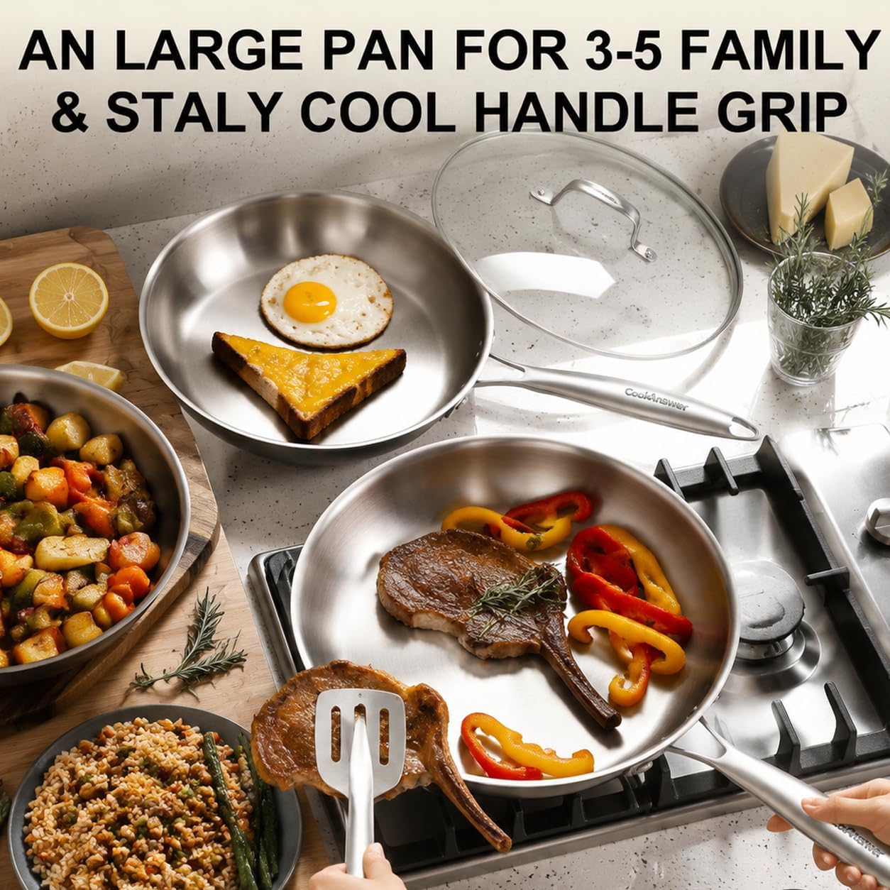 10-Piece Tri-Ply Stainless Steel Cookware Set | Induction-Ready, Glass Lids, Pots and Pans Kitchen Set, Riveted