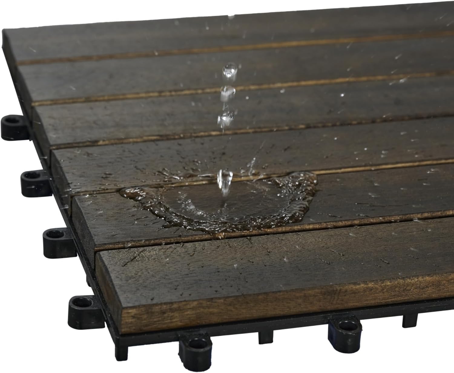 10 Pcs Outdoor Interlocking Deck Tiles, 12"x12" Acacia Wood Tiles for Patio, Porch, Balcony & Poolside, Striped
