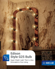 10 Pack G25 LED Light Bulbs, Filament Edison Globe, Vanity Lighting Bulb for Bathroom Bedroom, 500 LM, 5W (60W