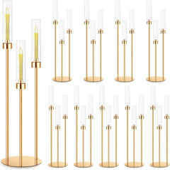 10 Set 3 Arm Candelabra Centerpiece 33.8 Inch Candle Holder Gold Candelabra Metal Floor Pillar Candlesticks for Tables Wedding Home Party Decoration