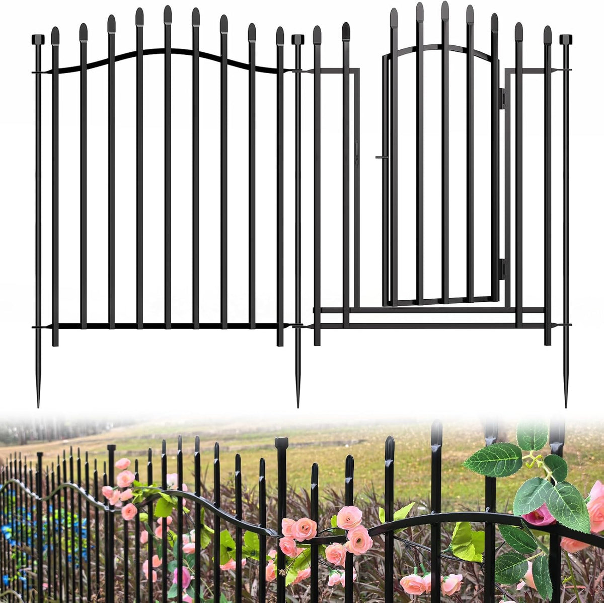 10 Panels No Dig Decorative Garden Fence with Gate - 32in H x 22.5ft L, Reinforced Square Tube Rustproof Tall Animal