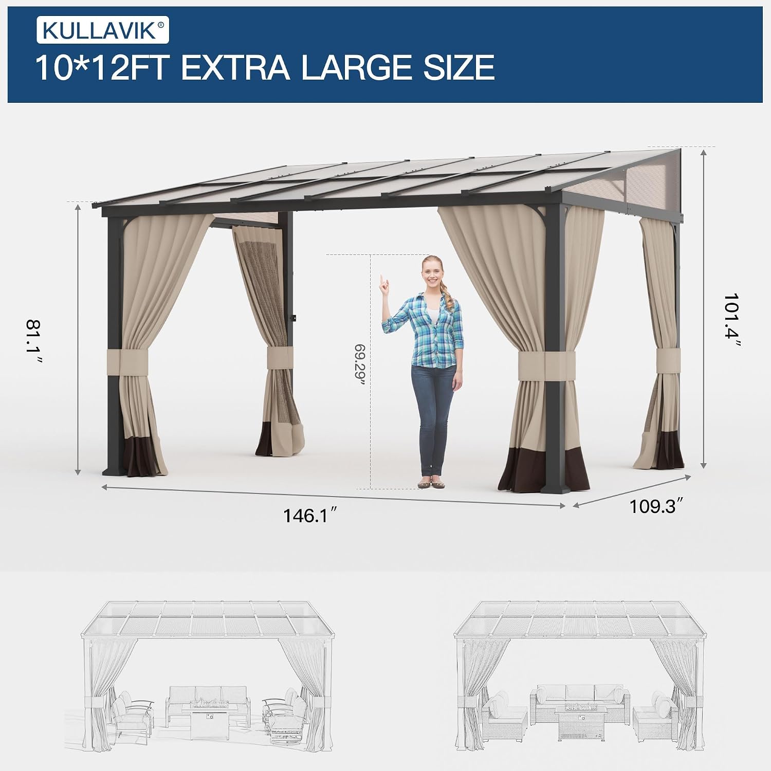 10' × 12' Hardtop Gazebo Wall-Mounted Lean to Gazebo Pergola with Sloping Roof and Durable Aluminum Frame,Large Heavy