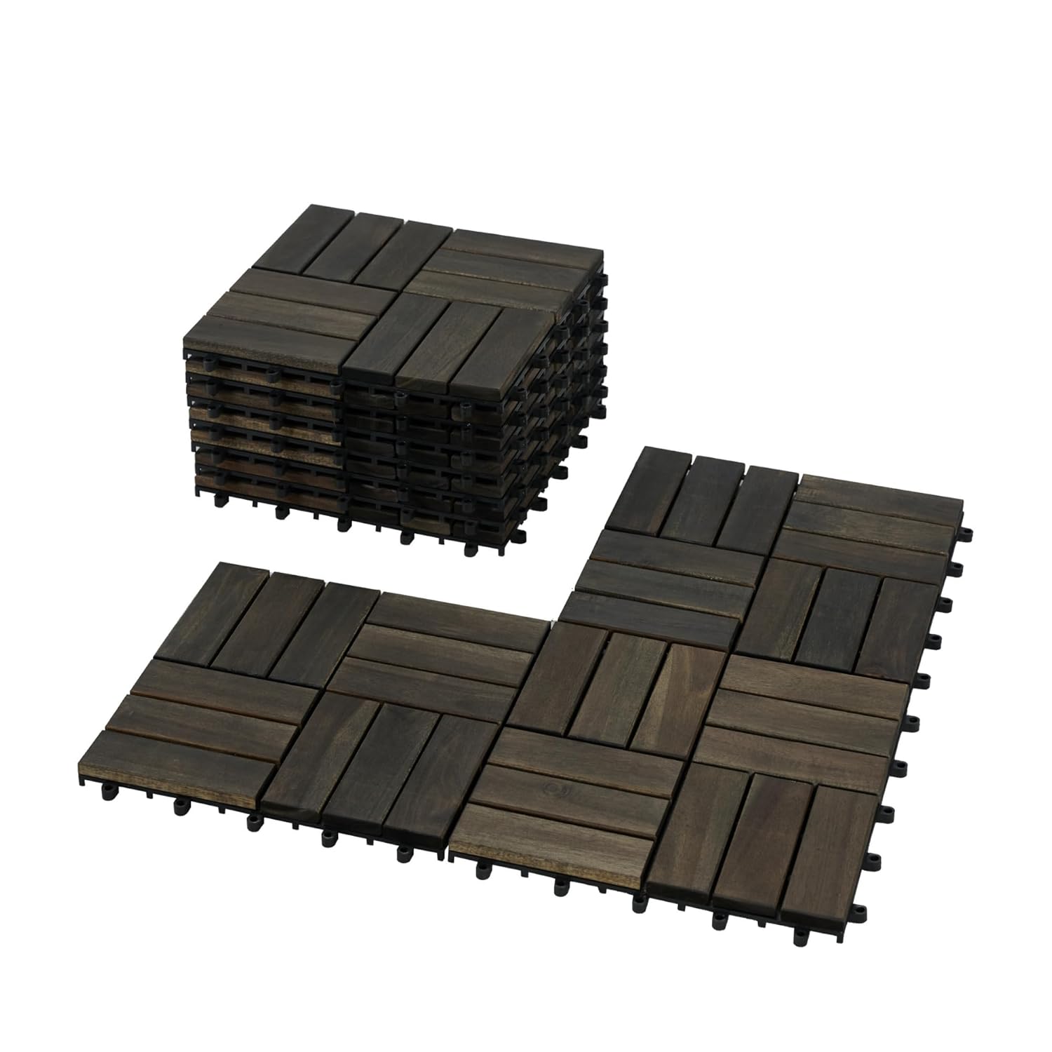 10 Pcs Outdoor Interlocking Deck Tiles, 12"x12" Acacia Wood Tiles for Patio, Porch, Balcony & Poolside, Checker
