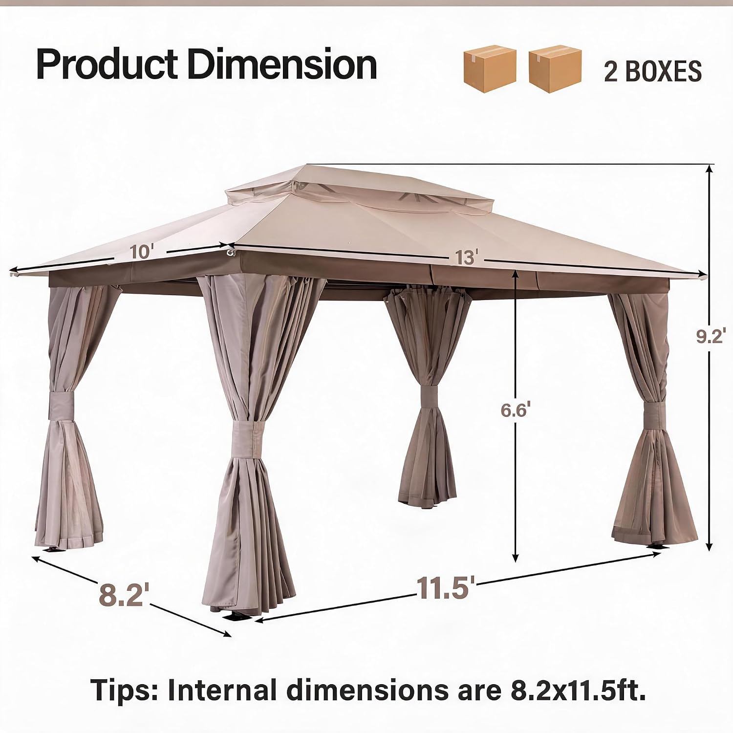 10'x13' Outdoor Gazebo, Metal Frame Heavy Duty Patio Canopy Tent Shelter with Double Roofs - Khaki