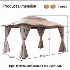 10'x13' Outdoor Gazebo, Metal Frame Heavy Duty Patio Canopy Tent Shelter with Double Roofs - Khaki