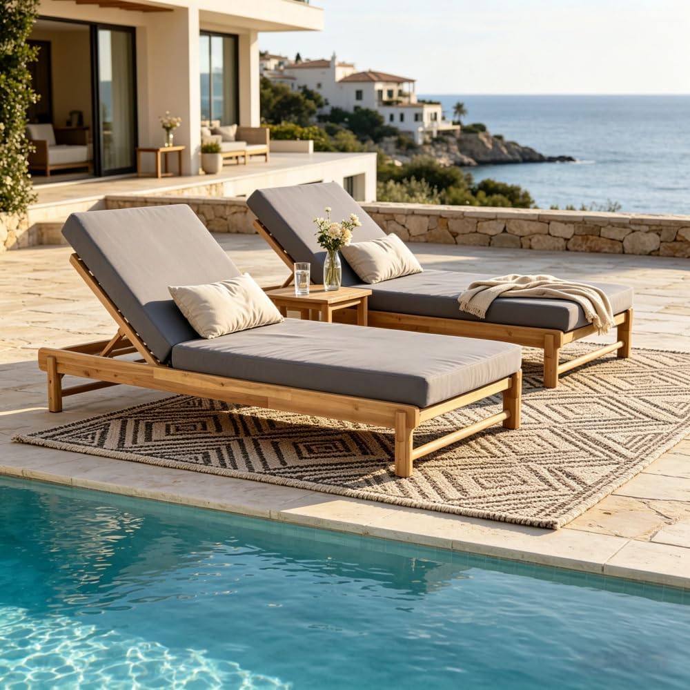 1 PC Acacia Wood Outdoor Chaise Lounge Chair with 2-Fold 4" Thick Water-Resistant Cushion, 3-Position Adjustable