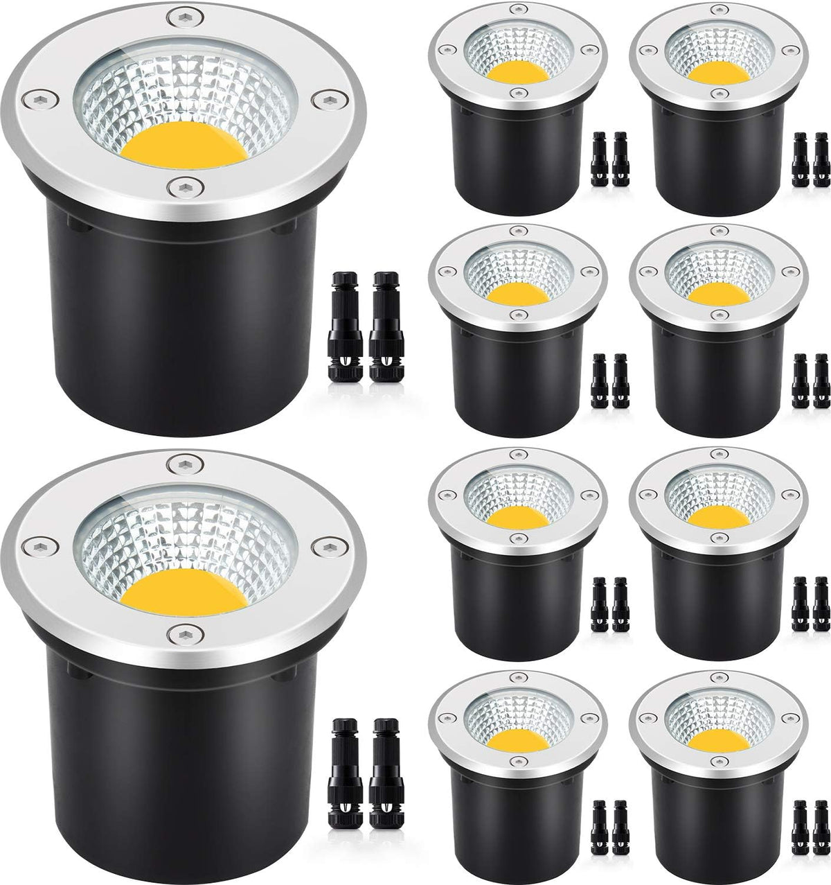 10-Pack 12W LED Low Voltage Landscape Well Lights, Stainless Steel | 12-24V AC/DC, Waterproof, 3000K Warm White