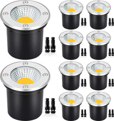 10-Pack 12W LED Low Voltage Landscape Well Lights, Stainless Steel | 12-24V AC/DC, Waterproof, 3000K Warm White