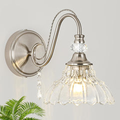 1 Piece Brushed Nickel Finish Wall Sconce, 1-Light Modern Wall Sconce with Hanging Crystal Accents and Flower-Shaped