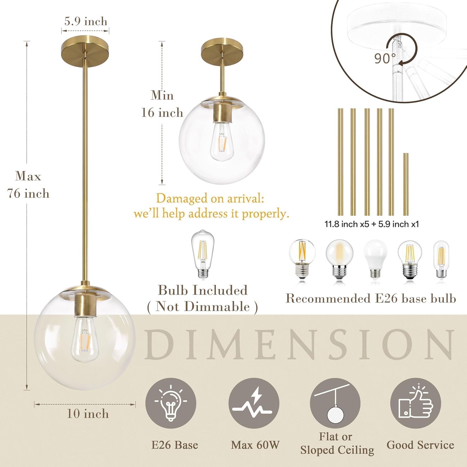 10 Inch Globe Pendant Light Gold Mid Century Pendant Light Adjustable Hanging Light Fixture Globe Pendant Lights