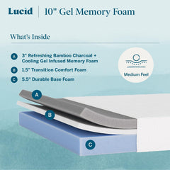 10" Medium Gel Memory Foam Mattress - Bamboo Charcoal & Cooling Gel - Fiberglass Free - Bed in a Box - CertiPUR-US