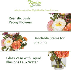 10 in Artificial Peony Arrangement in Glass Vase | Mixed Peony Faux Flower Blooms, Liquid Illusion Water in Glass