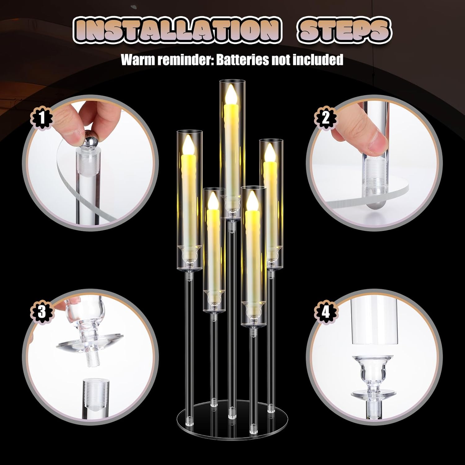 1 Set 5 Arm Acrylic Candelabra Holder Floor Clear Candle Centerpieces with LED Candles and Shade for Proposal
