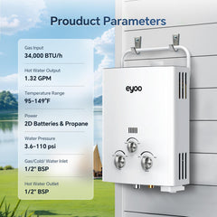 1.32 GPM Portable Propane Water Heater, 34, 000 BTU 5L Tankless Water Heater Gas for Outdoor