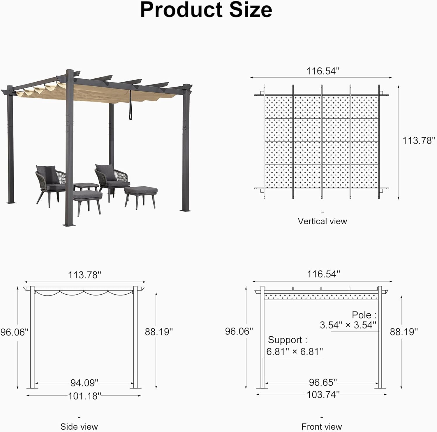 10' X 10' Outdoor Retractable Pergola with Sun Shade Canopy Patio Metal Shelter Porch Beach Pavilion Grill Gazebo