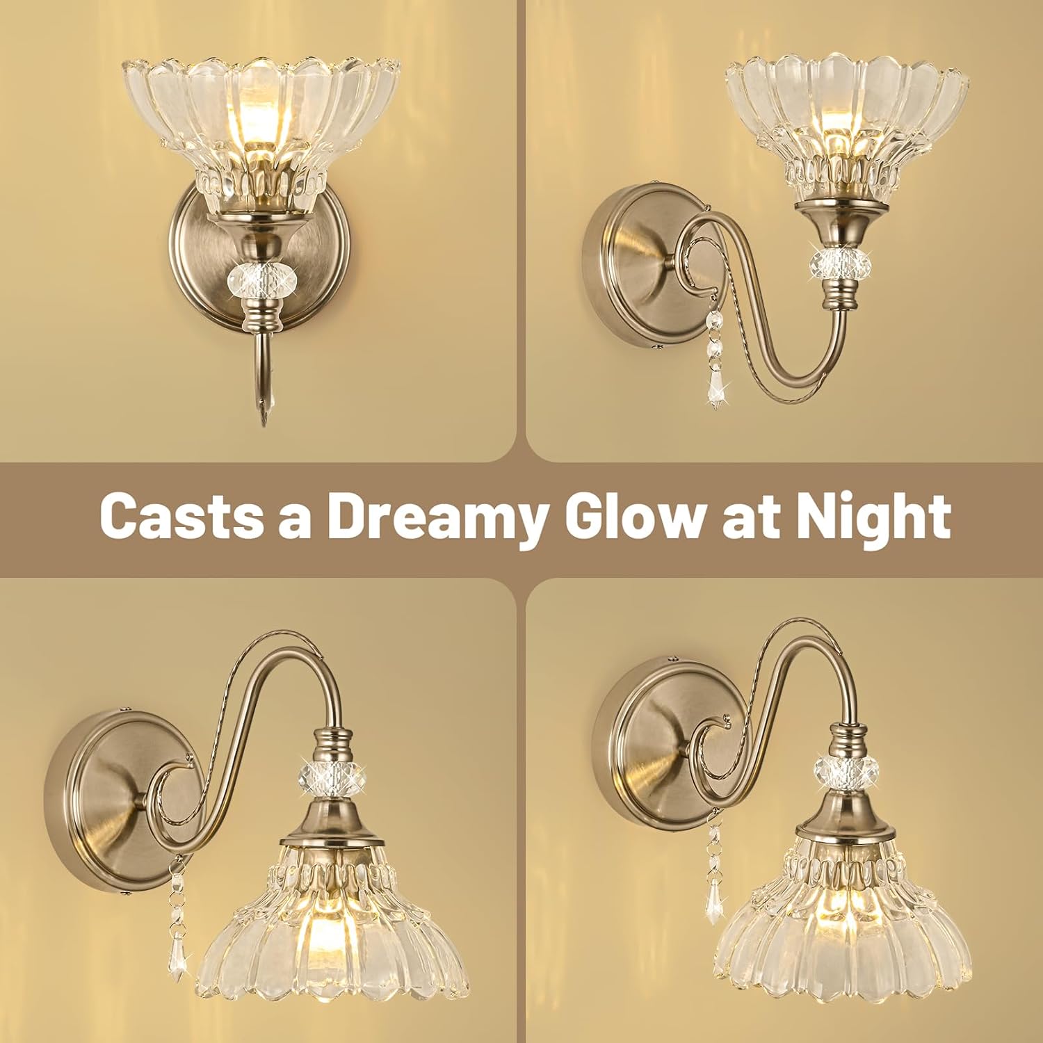 1 Piece Brushed Nickel Finish Wall Sconce, 1-Light Modern Wall Sconce with Hanging Crystal Accents and Flower-Shaped
