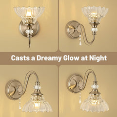 1 Piece Brushed Nickel Finish Wall Sconce, 1-Light Modern Wall Sconce with Hanging Crystal Accents and Flower-Shaped