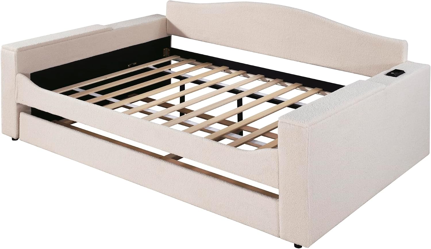 & Bright Designs Upholstered Daybed with Trundle, Full Size Day Bed Frame with Storage Armrests, USB Ports and