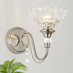 1 Piece Brushed Nickel Finish Wall Sconce, 1-Light Modern Wall Sconce with Hanging Crystal Accents and Flower-Shaped
