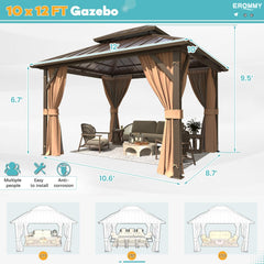 10'x12' Gazebo Hardtop, Galvanized Steel Double Roof Metal Gazebo with Aluminum Frame
