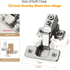 10 Pack 5 Pairs Short Arm Kitchen Cabinet Hinges for 1/2 Inch Overlay Cabinet, Brushed Nickel 105 Degree Opening Angle