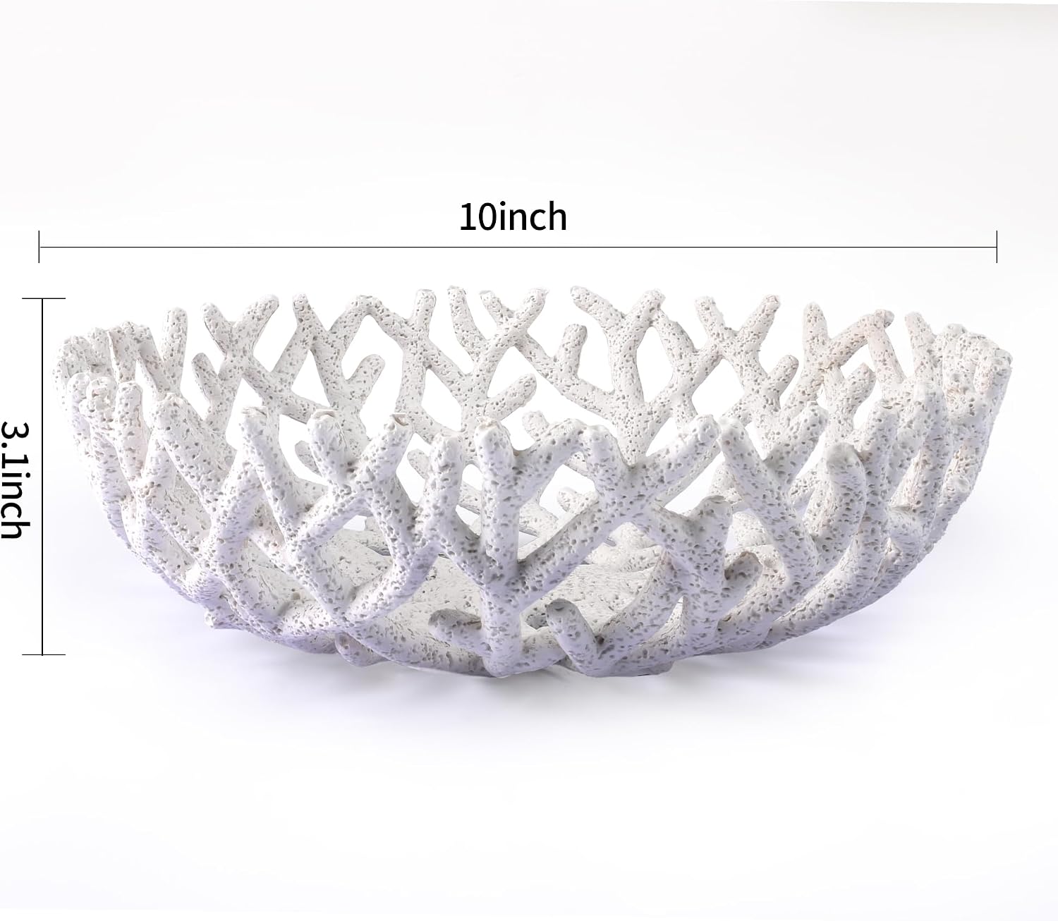 10-Inch White Resin Coral Bowl, Handcrafted Hollow Carved Coastal Art Decor | Handcarved hollow resin coral