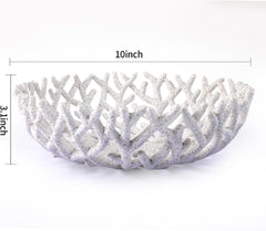 10-Inch White Resin Coral Bowl, Handcrafted Hollow Carved Coastal Art Decor | Handcarved hollow resin coral