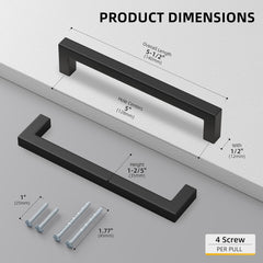 10 Pack 5 Inch Black Cabinet Handles Kitchen - Matte Black Drawer Pulls Stainless Steel - 128mm Cabinet Hardware Square