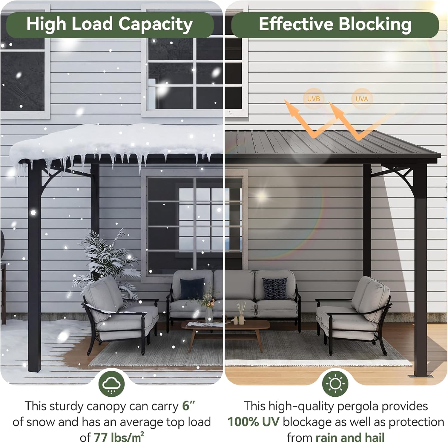 10' x 12' Hardtop Lean-to Gazebo, Wall-Mounted Pergola with Sloping Galvanized Steel Roof – Black