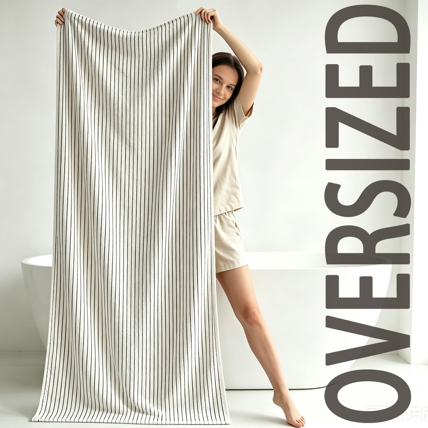 & Cream Striped Bath Sheets Set of 2, Extra Large Bath Towels | Cotton Bath Towel Oversized , Beach & Pool, 35" x 70"