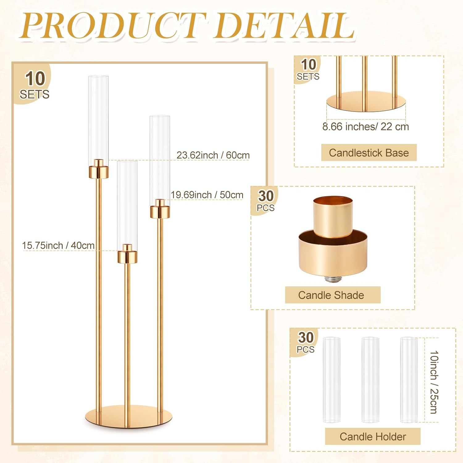 10 Set 3 Arm Candelabra Centerpiece 33.8 Inch Candle Holder Gold Candelabra Metal Floor Pillar Candlesticks for Tables Wedding Home Party Decoration