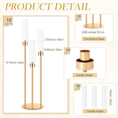 10 Set 3 Arm Candelabra Centerpiece 33.8 Inch Candle Holder Gold Candelabra Metal Floor Pillar Candlesticks for Tables Wedding Home Party Decoration