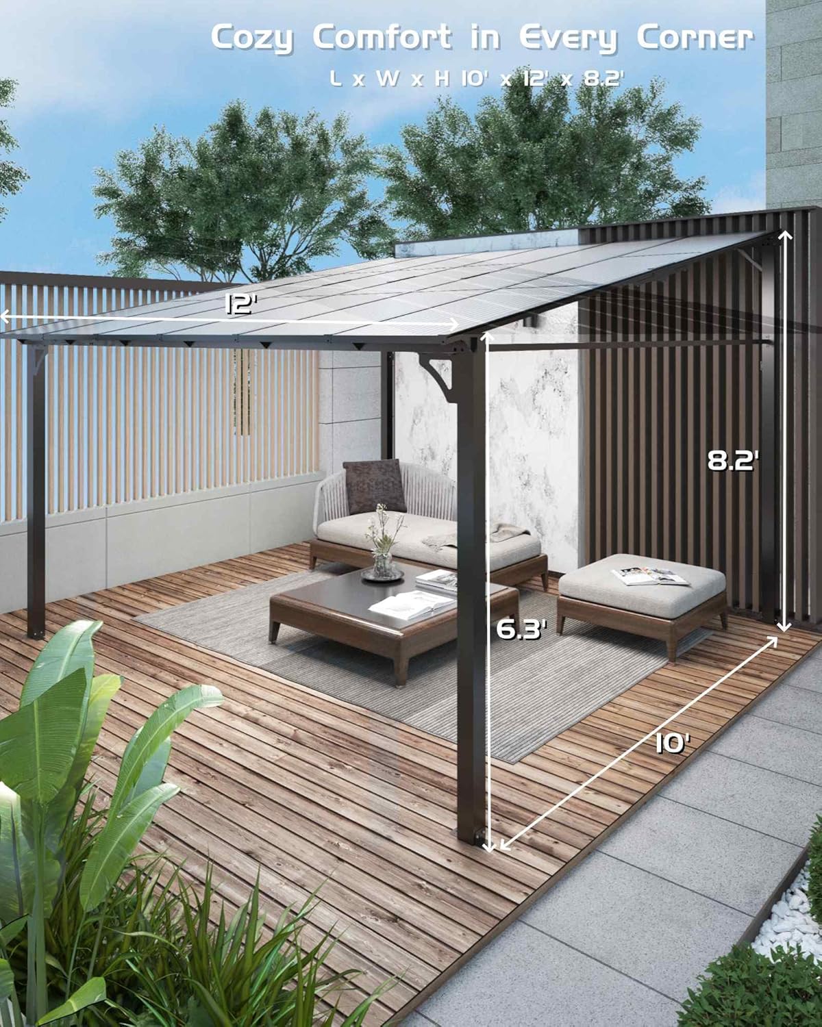 10 ft x 12 ft Lean to Gazebo, Hardtop Wall Pergola with Polycarbonate Roof