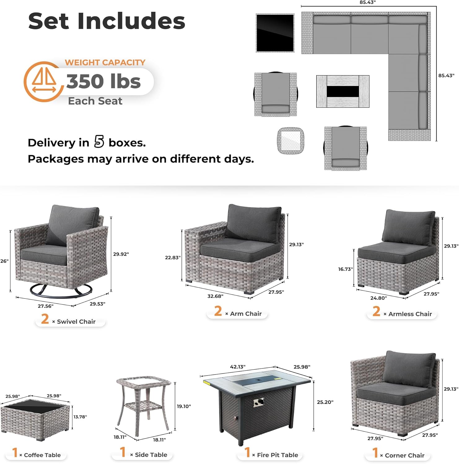 10 Pieces Patio Furniture Set, Outdoor Wicker Sectional Sofa with 42" Fire Pit Table Swivel Chairs