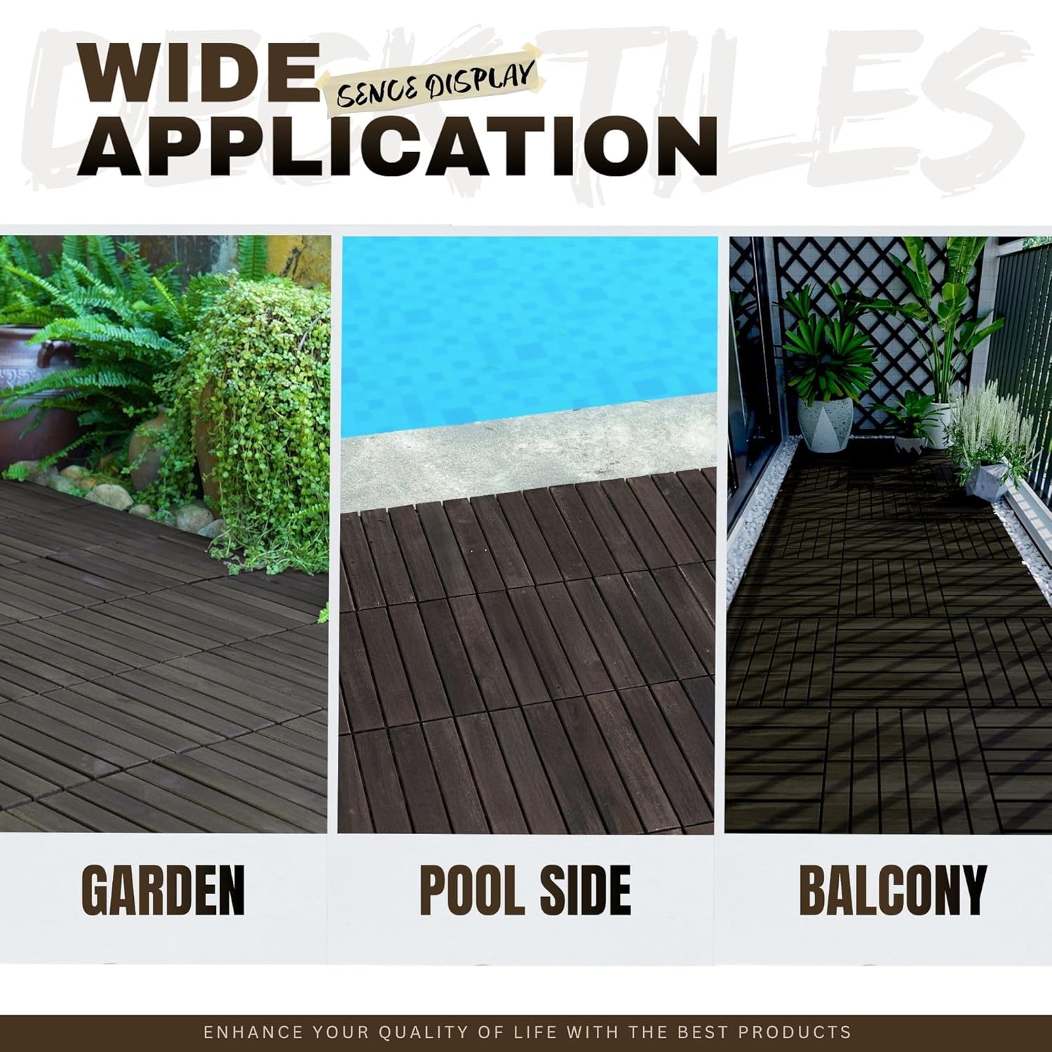 10/30 PCS Interlocking Deck Tiles Striped Pattern, 12" x 12" Dark Brown Square Acacia Hardwood Outdoor Flooring for Patio, Bancony, Pool Side (10)