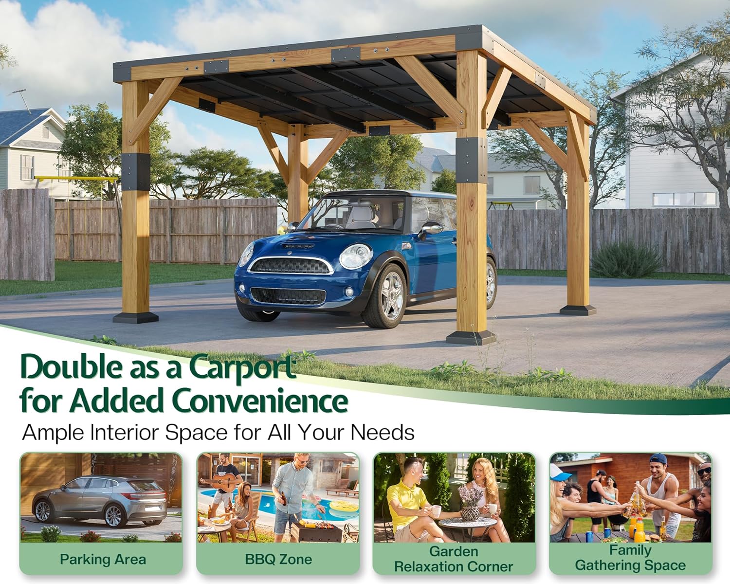 10' x 12' Cedar Wood Gazebo with Sloped Galvanized Steel Roof, Hardtop Gazebo Pavilion with Durable