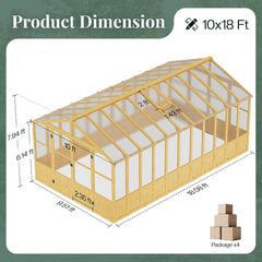 10 x 18-Ft Wooden Greenhouse | Walk-In Cedar Frame, Lockable Door, 2 Adjustable Roof Vents, Polycarbonate Panels, for